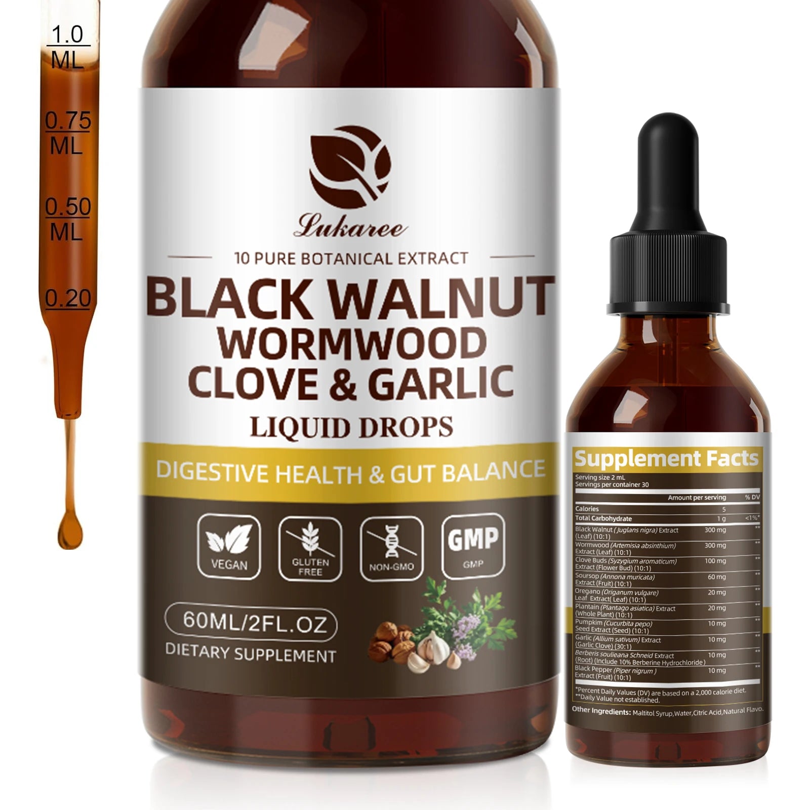 Black Walnut Herbal Liquid Drops with Wormwood, Clove & Garlic (60ml)
