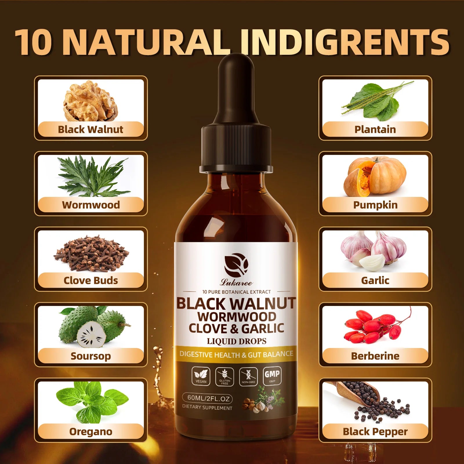 Black Walnut Herbal Liquid Drops with Wormwood, Clove & Garlic (60ml)